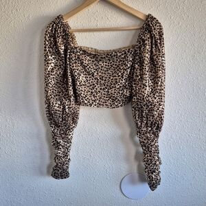 Boohoo Leopard Print Sequin Puff Sleeve Crop Top Blouse Womens Size 4